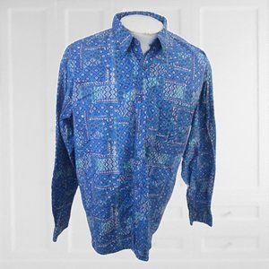 Vintage men long sleeve Hawaiian shirt XL blue